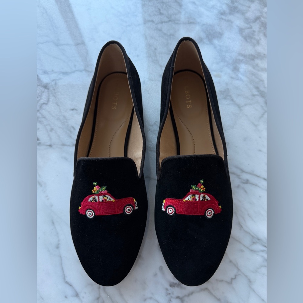 Talbots Black Velvet Loafers with Red Car Embroidery